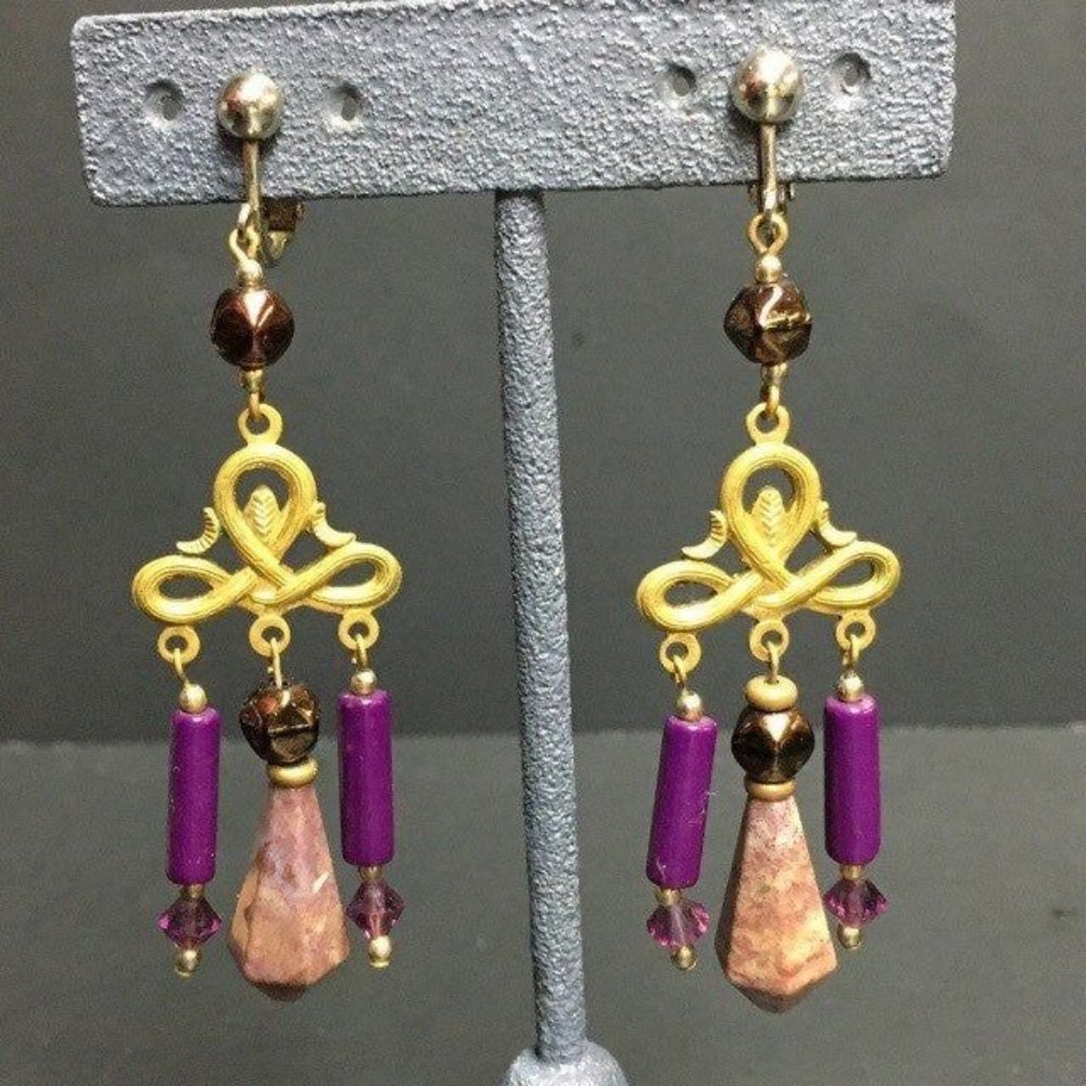Chandelier Dangle Clip Earrings Gold Scroll Purple Bead Stone Retro BoHo Granny